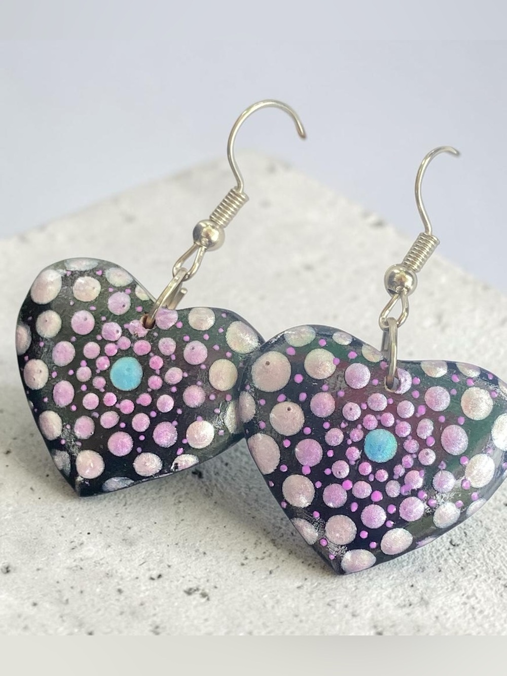 Handpainted wooden heart earrings